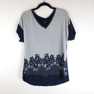 Single Los Angeles Blouse Top Floral Dot Print V-Neck Short Sleeve Blue White L